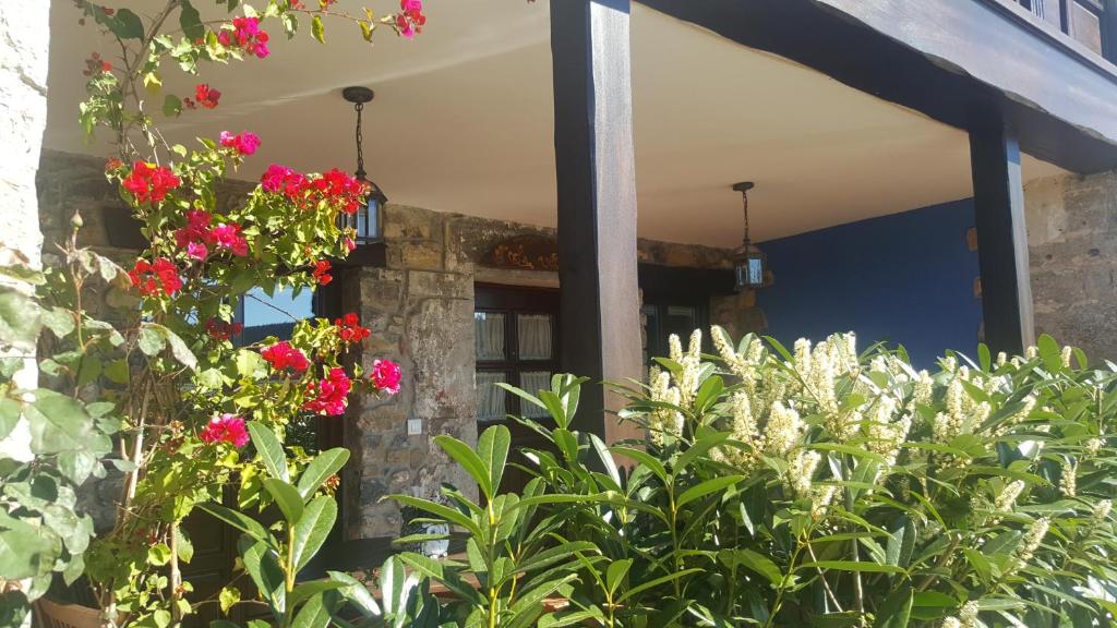 a plant with red flowers in front of a building at Rodiles Rural Apartamentos in Selorio