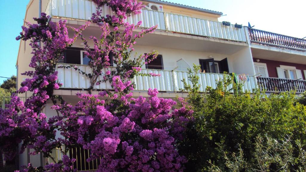 un edificio con flores púrpuras delante de él en Apartments Green & Orange, en Hvar