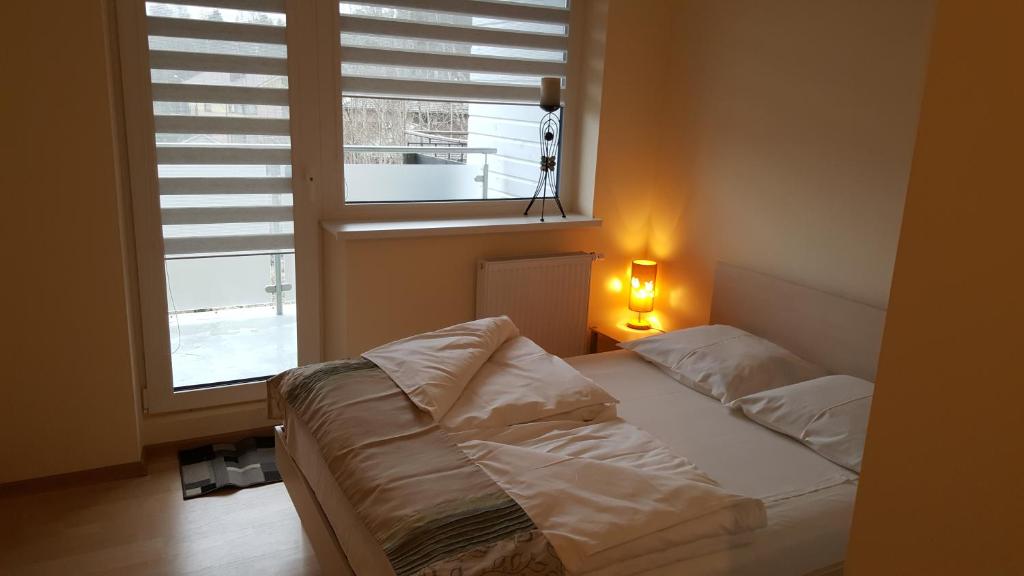 a bedroom with a bed and a window with shutters at Pas Rasą in Palanga