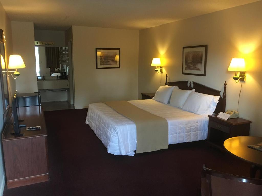 ein Hotelzimmer mit einem großen Bett und zwei Lampen in der Unterkunft Alpine Lodge in Eureka Springs