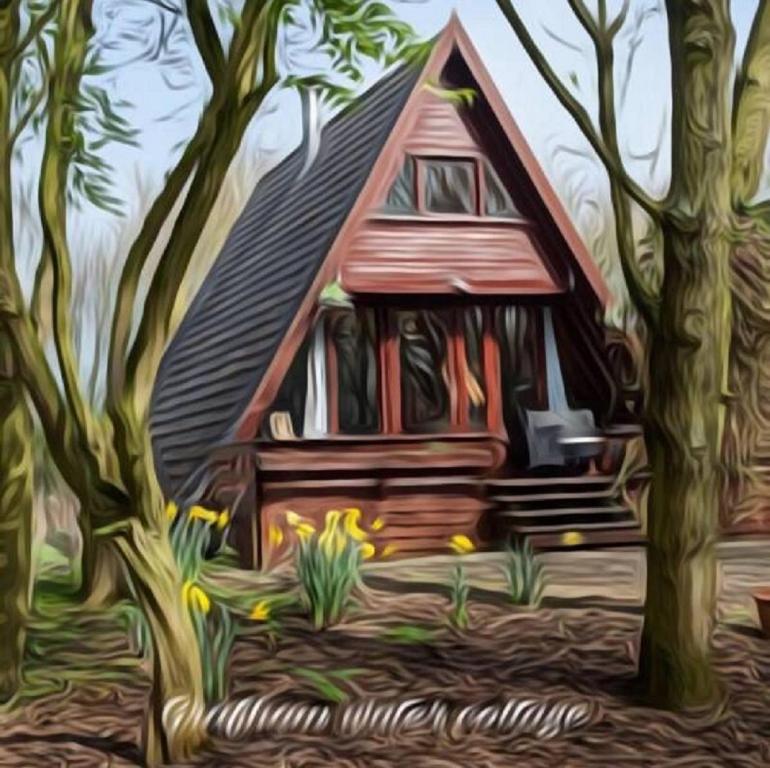 uma pintura de uma casa na floresta em Grafham Water Lodge em Grafham