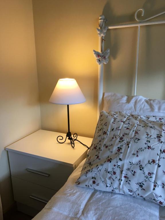 1 dormitorio con 1 cama con lámpara en una mesita de noche en Apartament Vall d'Àger en Ager