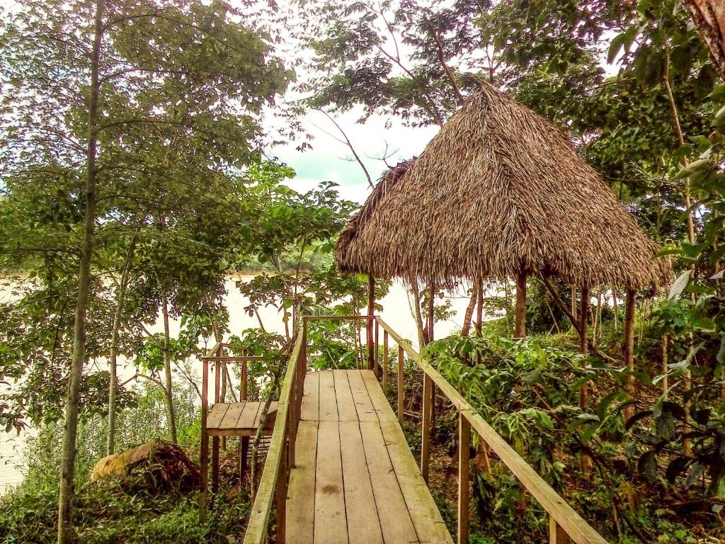 a wooden walkway with a straw hut and a bridge at Tambopata River in Puerto Maldonado