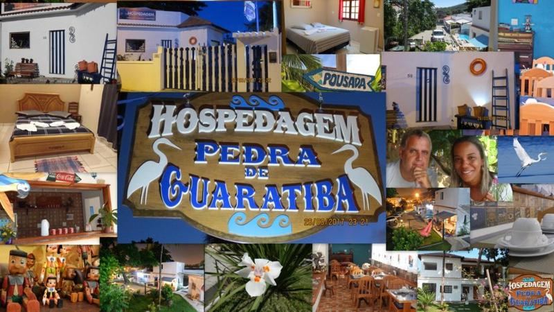 a collage of pictures of a resort with a sign at Pousada Hospedagem Pedra de Guaratiba in Pedra de Guaratiba