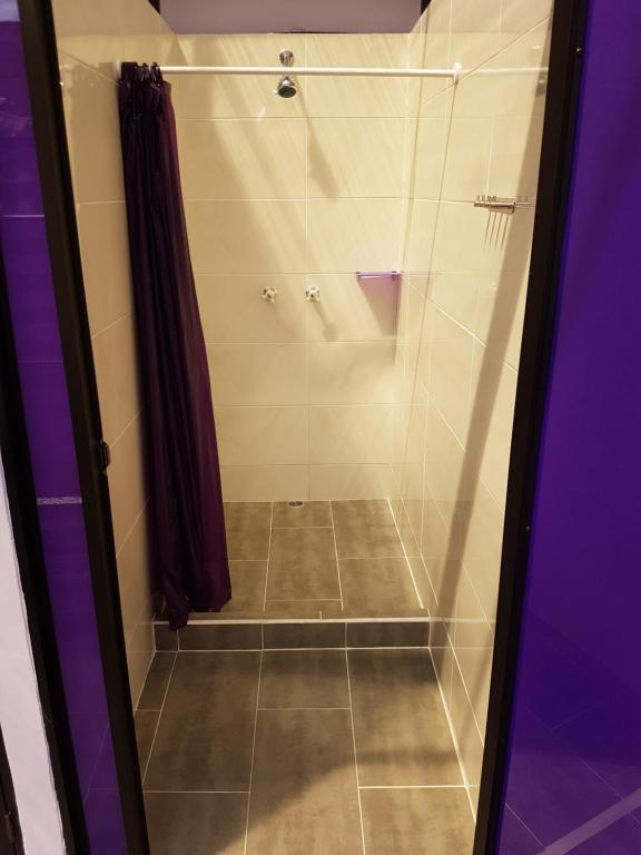baño con ducha y puerta de cristal en Purple Monkey Hostel, en Medellín
