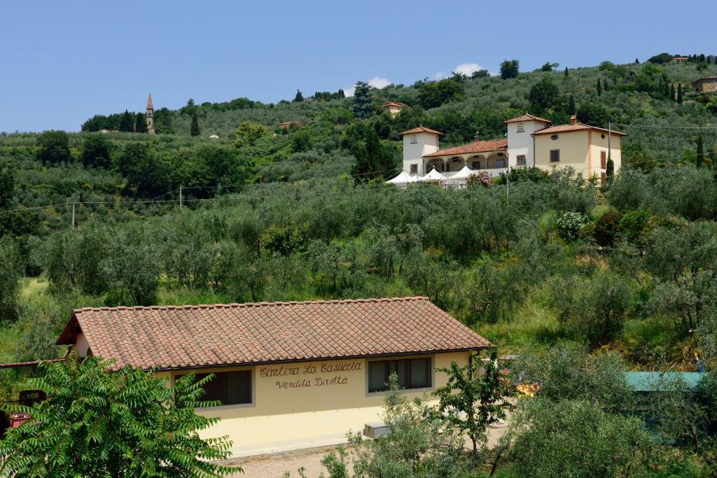 Castelfranco di SopraにあるAgriturismo La Casucciaの木々や茂みのある丘の上の家