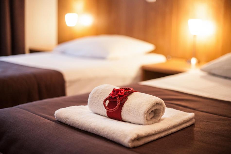 a white towel with a red rose sitting on a bed at Hotel Alexander in Krakow