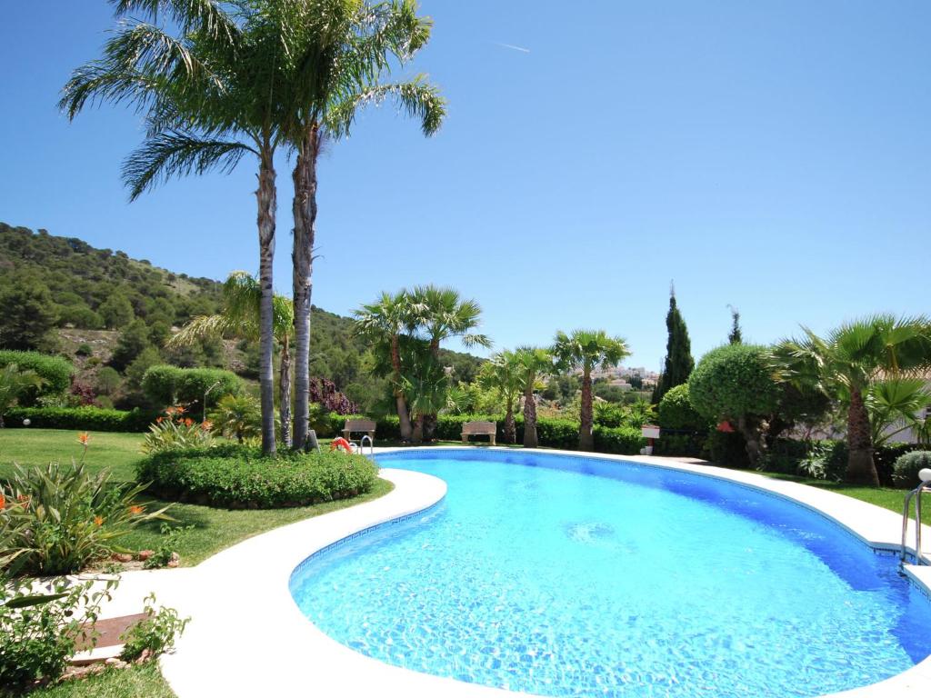a large swimming pool with palm trees in a yard at Belvilla by OYO El Mirador in Alhaurín el Grande