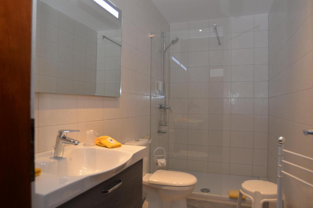 a bathroom with a sink and a shower and a toilet at Hotel Am Hohen Schwarm in Saalfeld