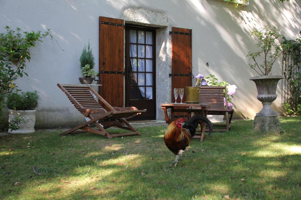 un poulet debout dans l'herbe devant une maison dans l'établissement Le Relais de la Tour, à La Chaussée-Saint-Victor
