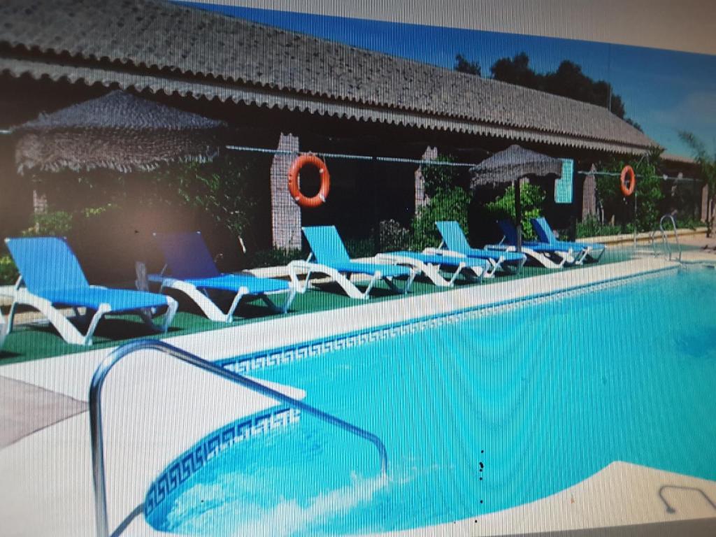 a swimming pool with chairs and umbrellas at Residencial La Teja in Zahora