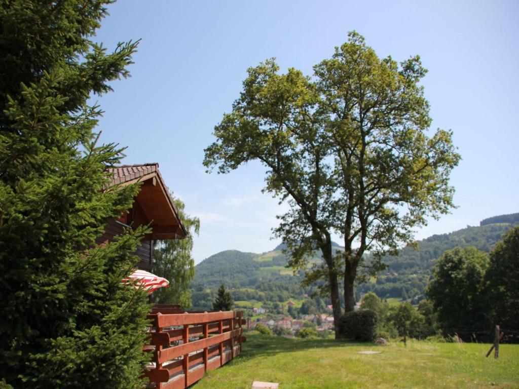 a house with a fence and a tree in a field at Rustic chalet with a dishwasher in the High Vosges in Le Thillot