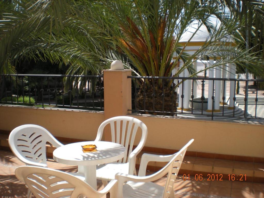 a table and chairs on a balcony with a palm tree at Apartamentos Casanova in Nerja