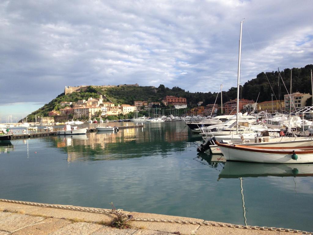 un groupe de bateaux amarrés dans un port avec un château dans l'établissement Monolocale Porto Ercole Argentario, à Porto Ercole