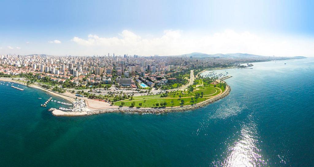 an aerial view of a city and the ocean at Hotel Suadiye in Istanbul