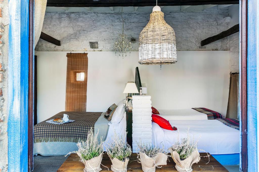 Dormitorio con cama y macetas en Posada Santa Ana, en Suances