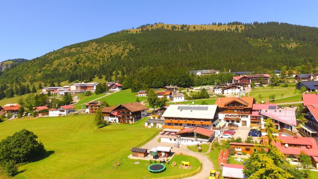 una vista aérea de un pueblo con una montaña en Zum Senn - Hotel und Wirtshaus, en Bad Hindelang