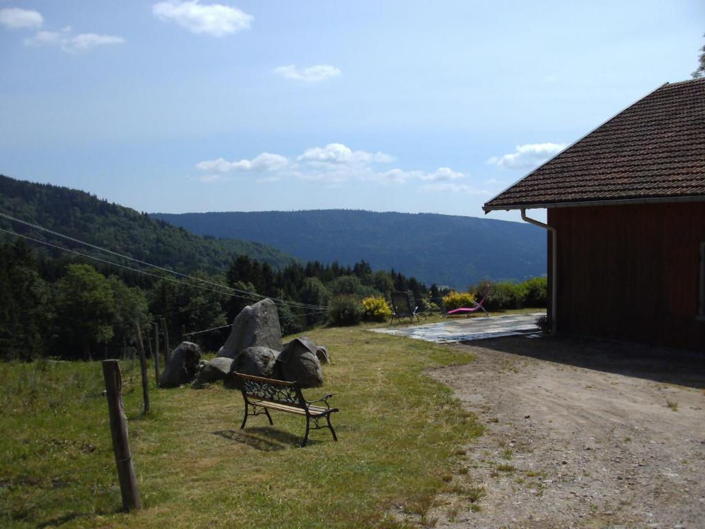 a bench sitting in the grass next to a building at Magnificent chalet in Saulxures sur Moselotte in Saulxures-sur-Moselotte