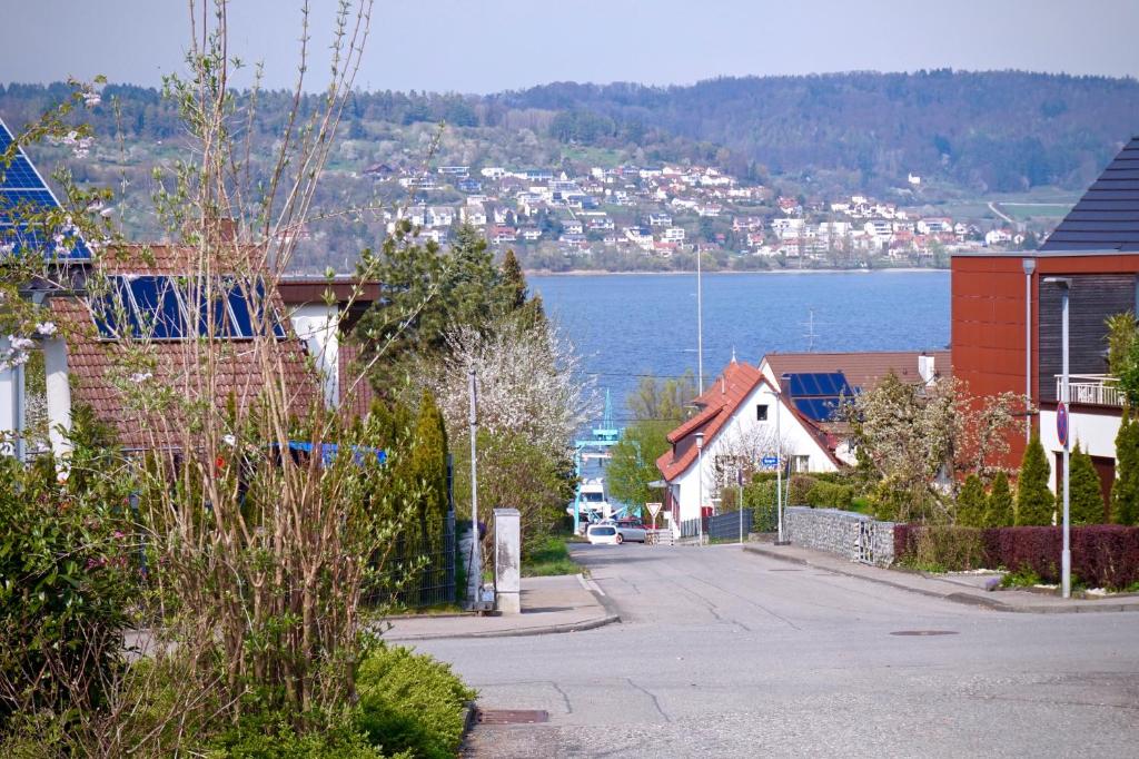 eine Stadtstraße mit Häusern und Wasser in der Unterkunft FeWo SeeLeben in Bodman-Ludwigshafen