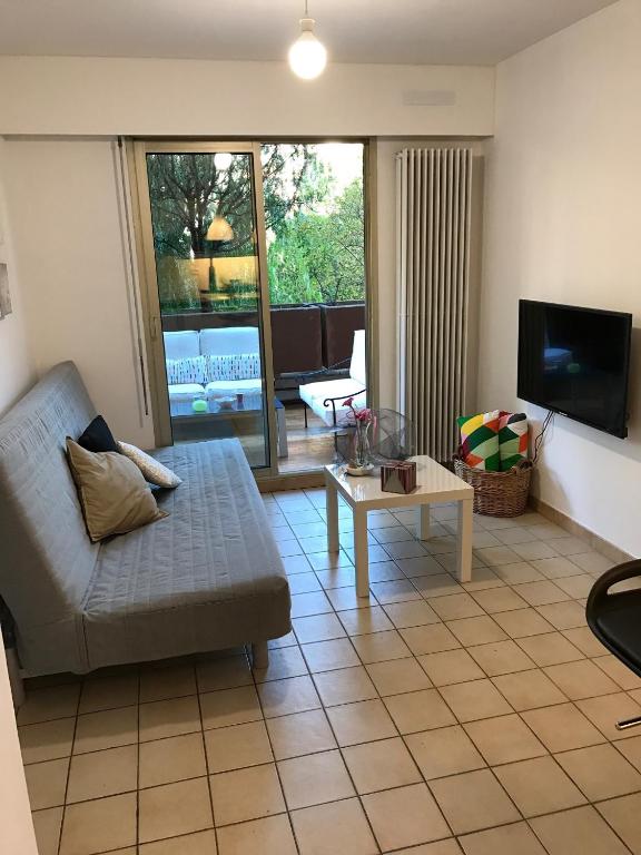 a living room with a couch and a tv at Dans un écrin de verdure in Hyères