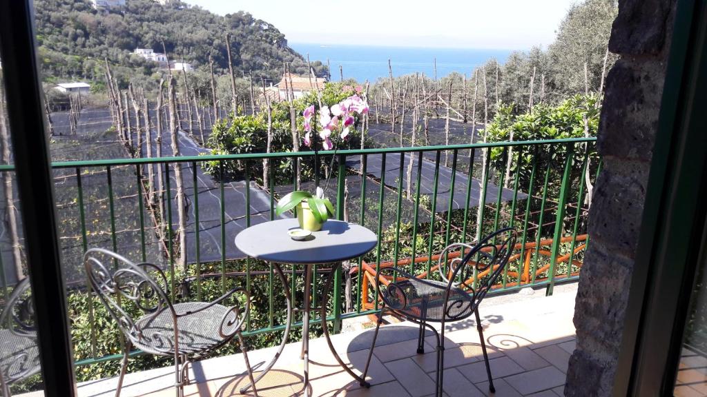 a table and chairs on a balcony with a view at Agriturismo La Lobra in Massa Lubrense