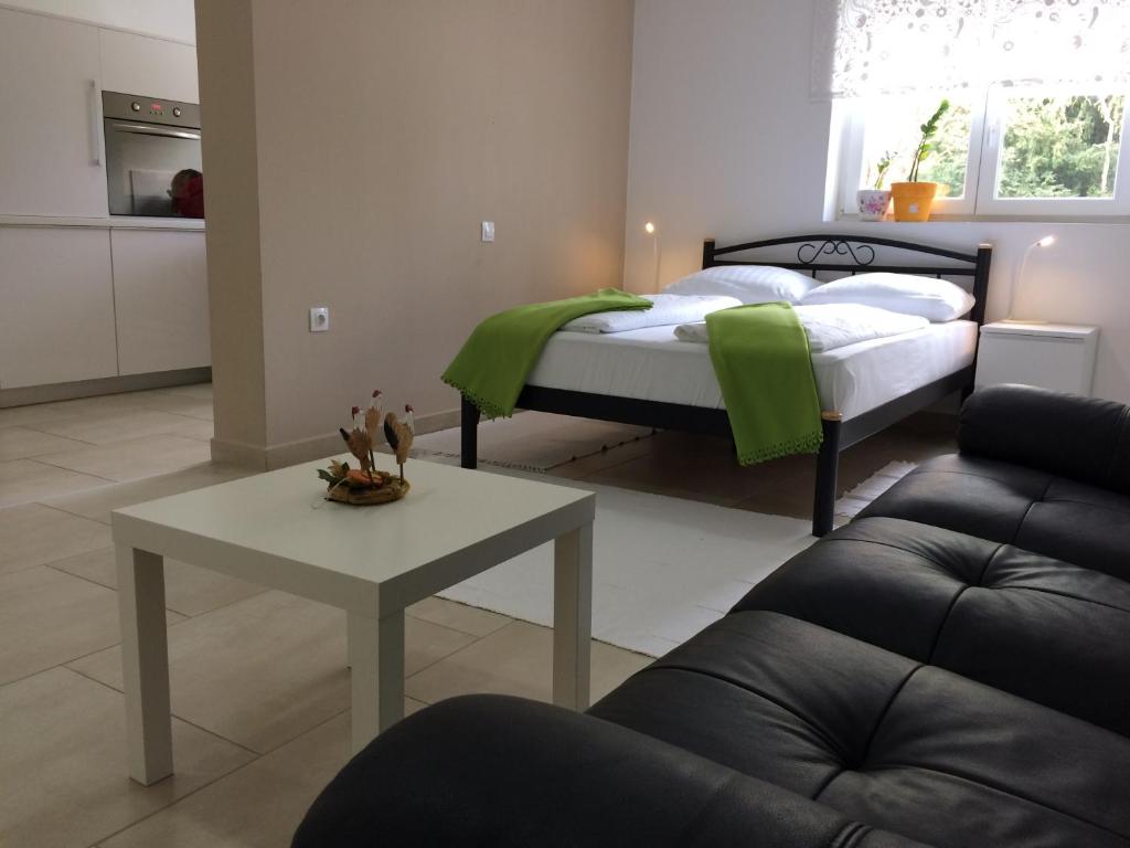 ein Wohnzimmer mit einem Bett und einem Couchtisch in der Unterkunft Apartments Cindra in Karlovac