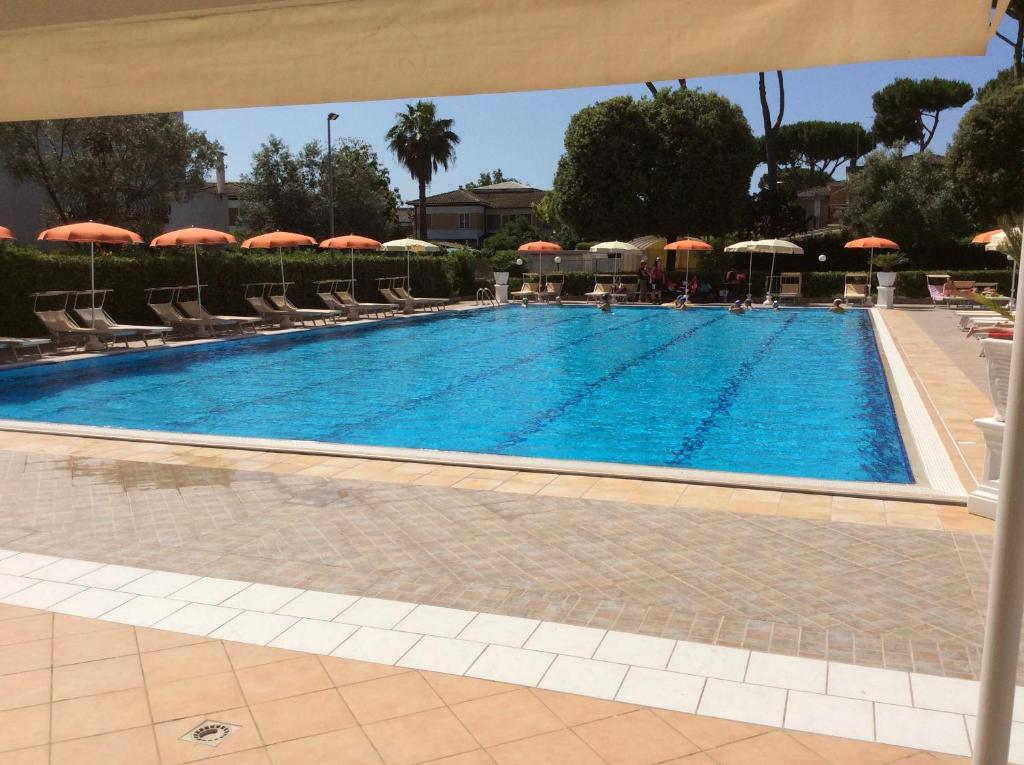 a large swimming pool with chairs and umbrellas at Hotel River Palace in Terracina