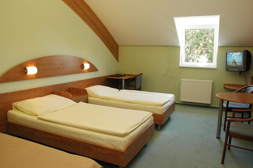 Postel nebo postele na pokoji v ubytování Hotel Břízky