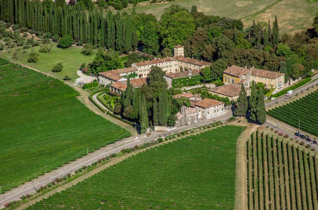eine Luftansicht eines großen Hauses auf einem Feld in der Unterkunft La Foresteria Serego Alighieri in SantʼAmbrogio di Valpolicella