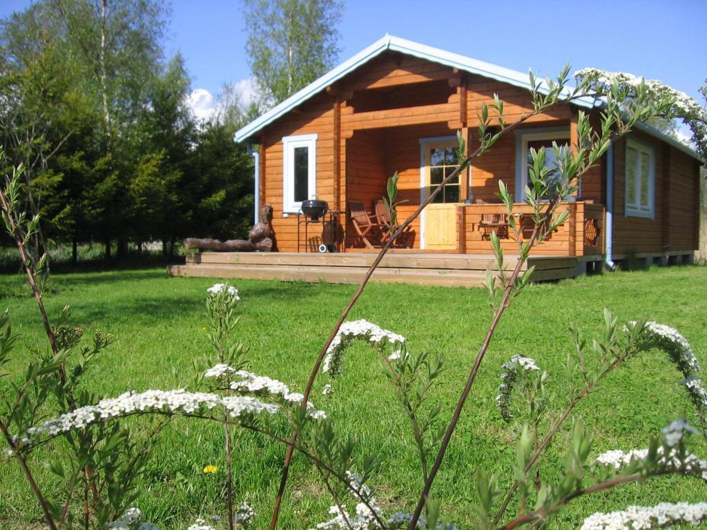 una cabaña de madera en un campo con patio en Lepametsa Holiday Houses, en Nasva