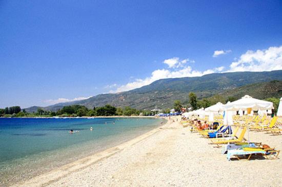 a beach with chairs and umbrellas and the water at Near Paradise in Koropi