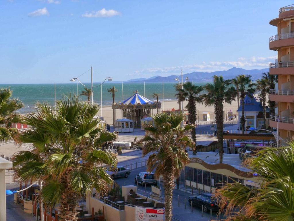 een uitzicht op een strand met palmbomen en een hotel bij Résidence Maricel in Canet-en-Roussillon