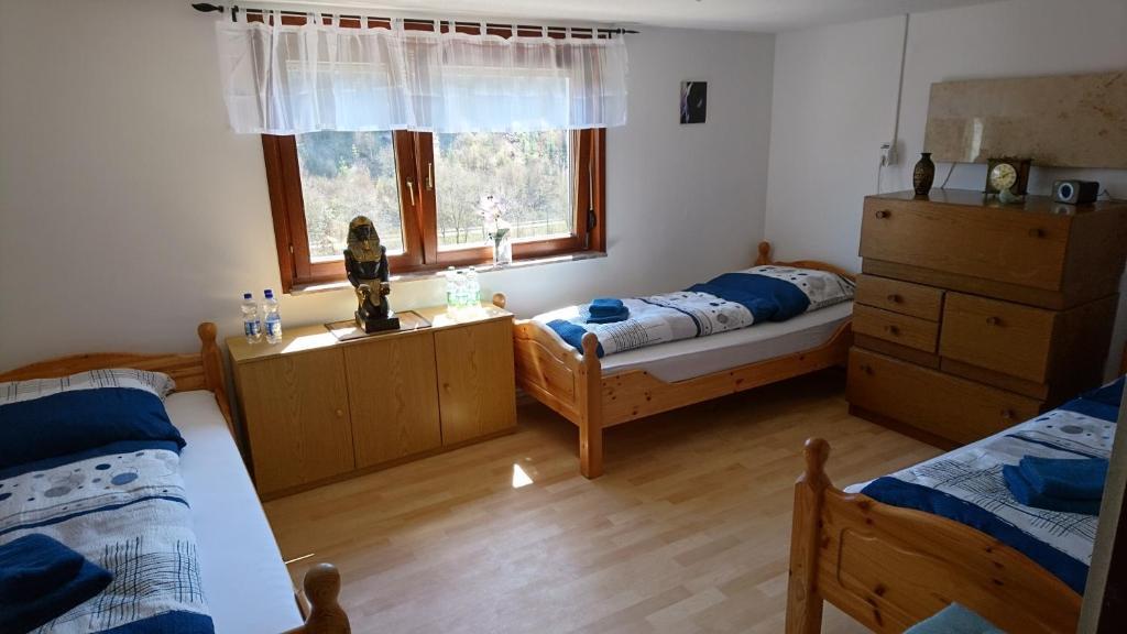 1 Schlafzimmer mit 2 Betten und einem Fenster in der Unterkunft Ferienhaus Pension Fuchs in Neufra