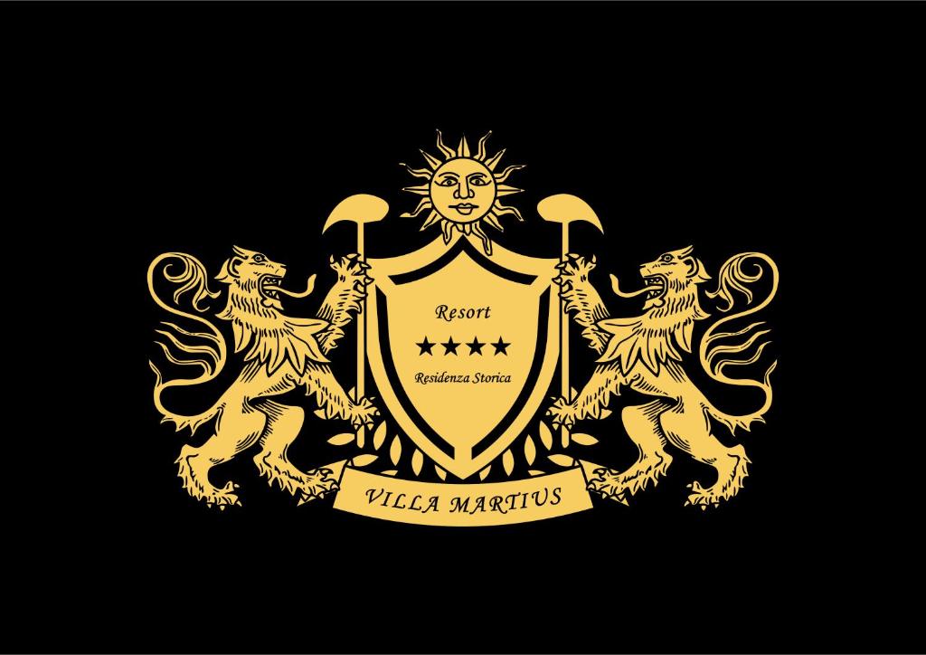 Un escudo dorado con dos leones y un escudo. en Villa Martius en San Pier Niceto