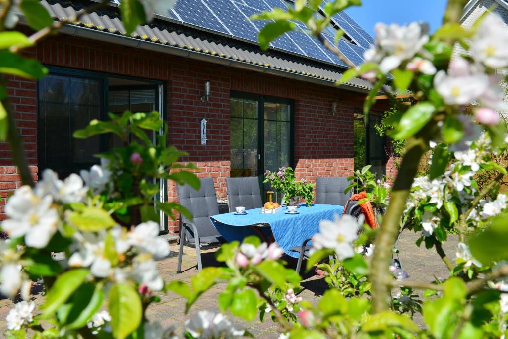 einen blauen Tisch und Stühle auf einer Terrasse in der Unterkunft Ferienwohnung Milow in Polchow