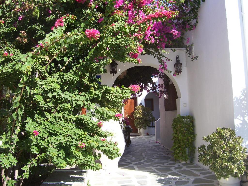an alley with pink flowers on a white building at Ioli Apartments in Naousa