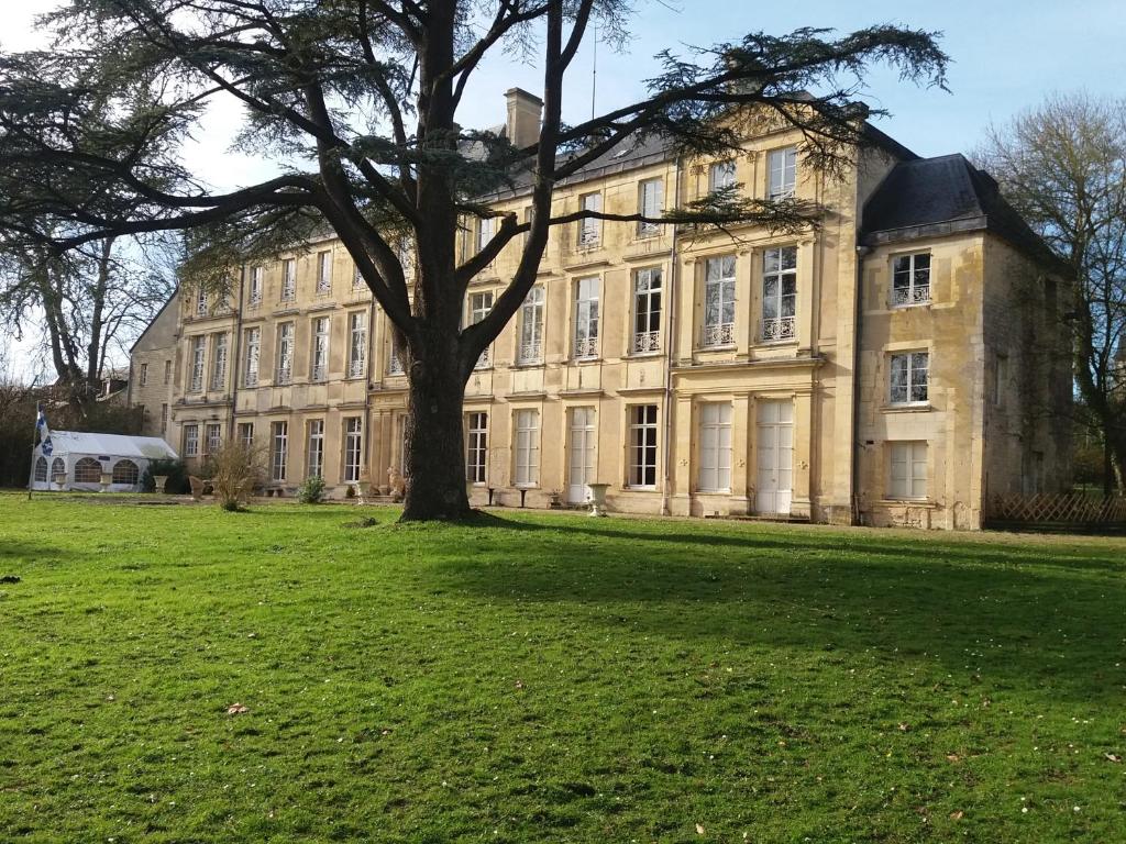 a large building with a tree in a field at Chateau des Chevaliers de Grand Tonne in Sainte-Croix-Grand-Tonne