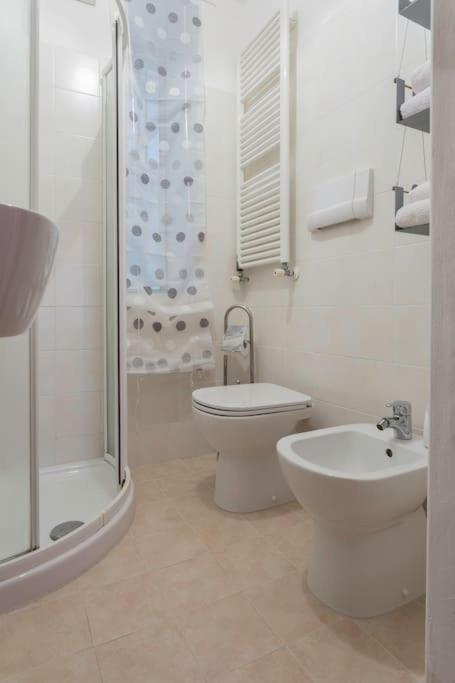 a white bathroom with a toilet and a shower at Casa Di PrimaVera in Venice
