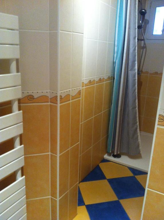 ヴェルダン・シュル・ムーズにあるGite de la Princerieのオレンジとブルーのタイル張りのバスルーム(シャワー付)