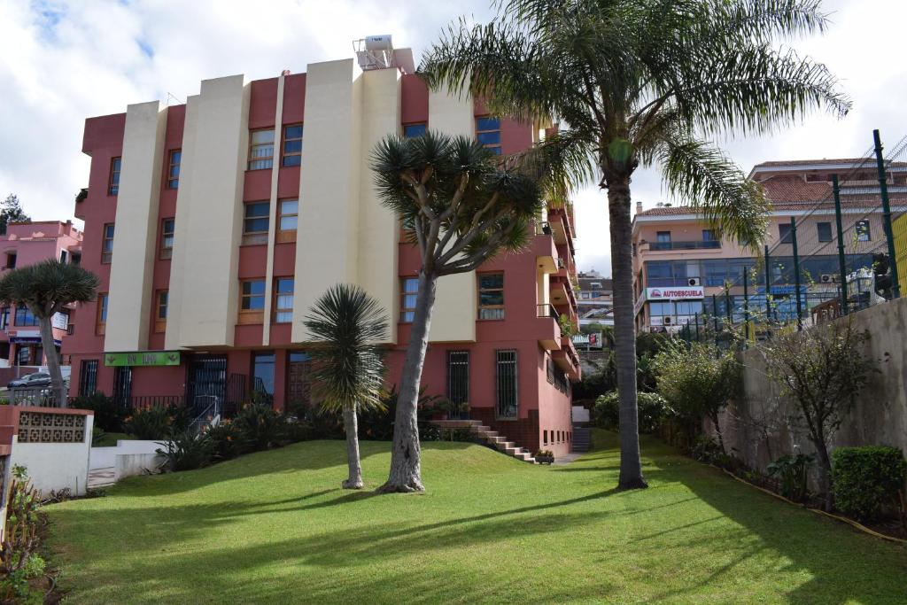 dos palmeras delante de un edificio en Apartamento San Isidro, en La Orotava