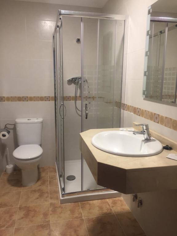 ein Bad mit einer Dusche, einem Waschbecken und einem WC in der Unterkunft Pensión Cangas de Onis in Siero