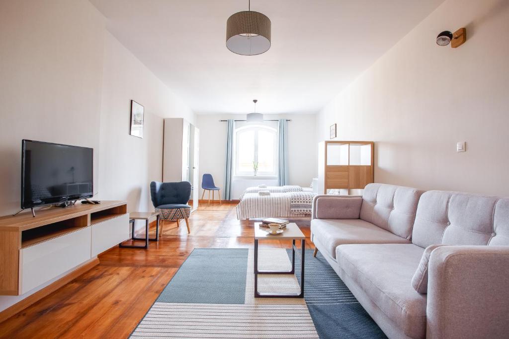 a living room with a couch and a tv at Apartamenty Krakowskie 36 Lublin - Single Two in Lublin