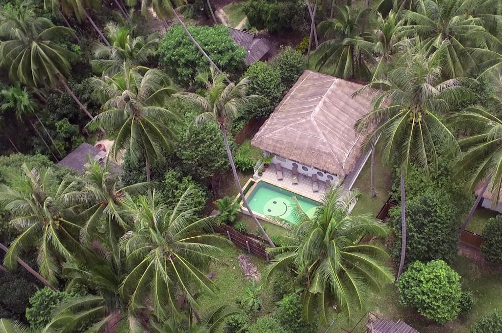 an overhead view of a house with a pool and palm trees at SandShine Village in Srithanu
