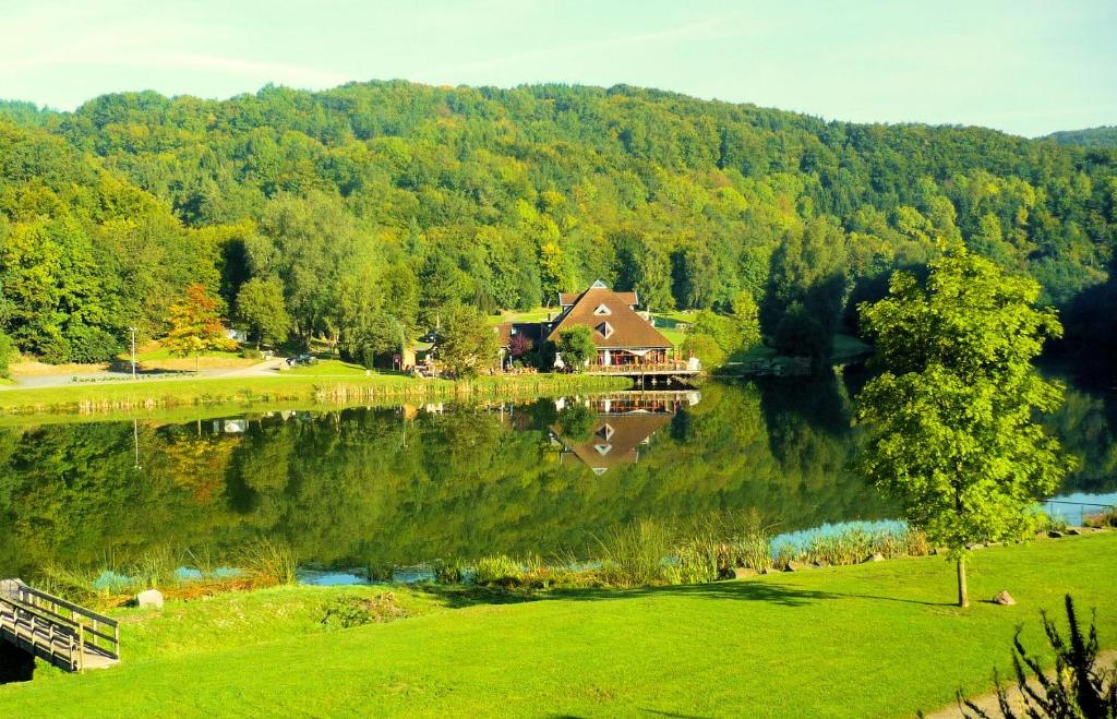a house on a hill next to a lake at Chalet am Waldsee direkt am Badesee Rieden mit Seeblick für bis zu 14 Personen Traumferienhaeuser-Eifel in Rieden
