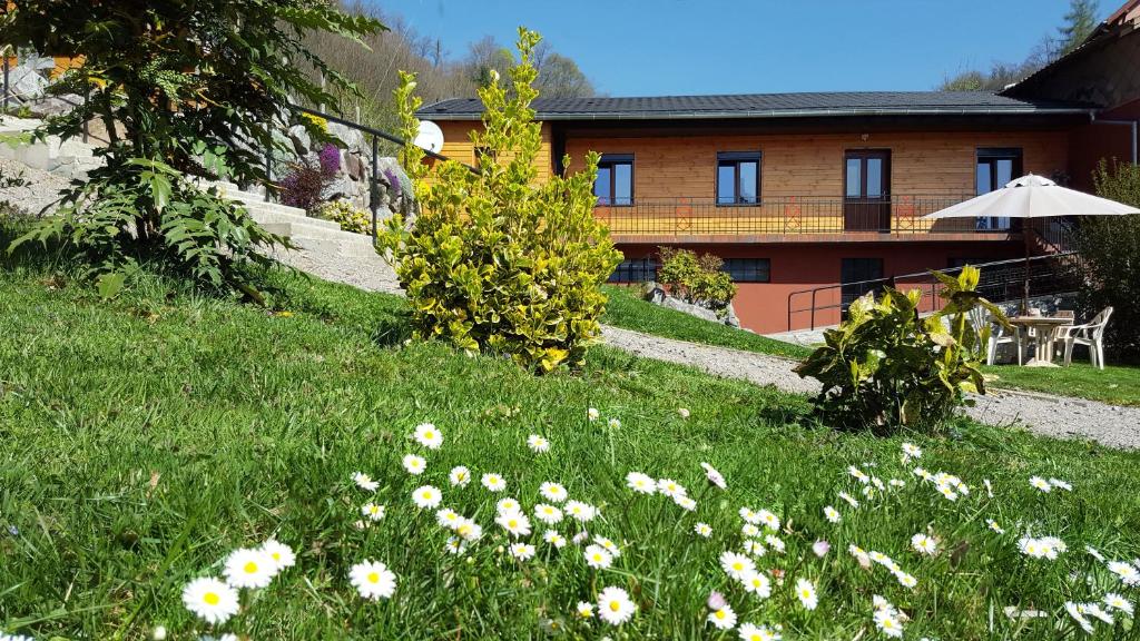 ein Haus mit einem Blumenfeld davor in der Unterkunft Gite du Walsbach in Munster