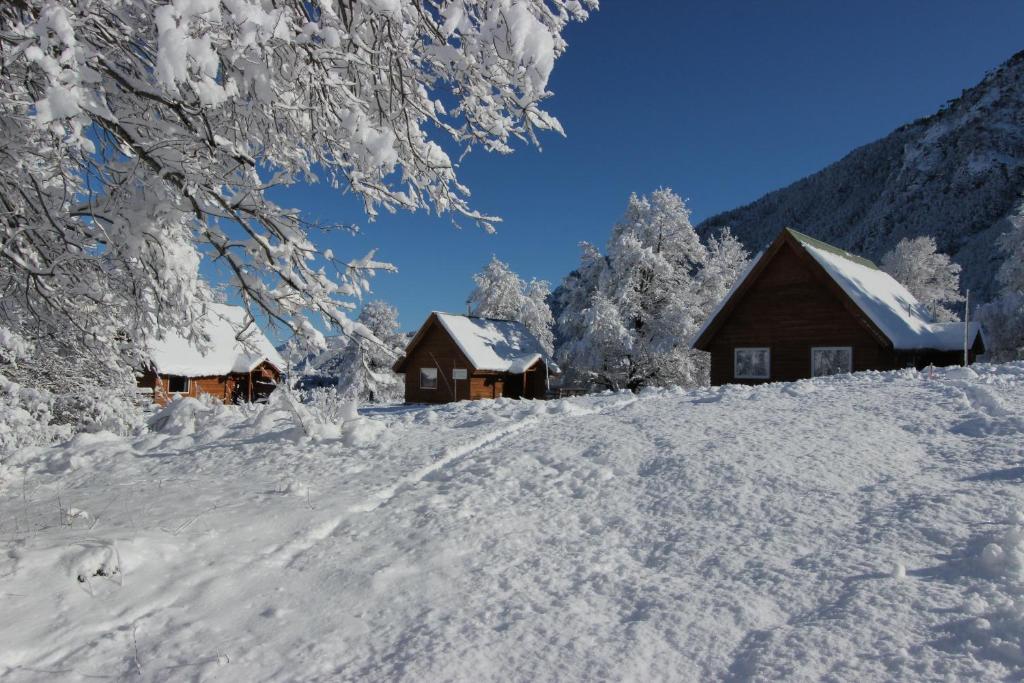 una colina cubierta de nieve con 2 cabañas de madera en Chile Wild - Las Vertientes, en Malalcahuello