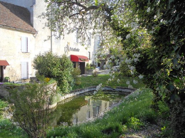 um pequeno lago num quintal ao lado de um edifício em Auberge de l'Abbatiale em Auberive