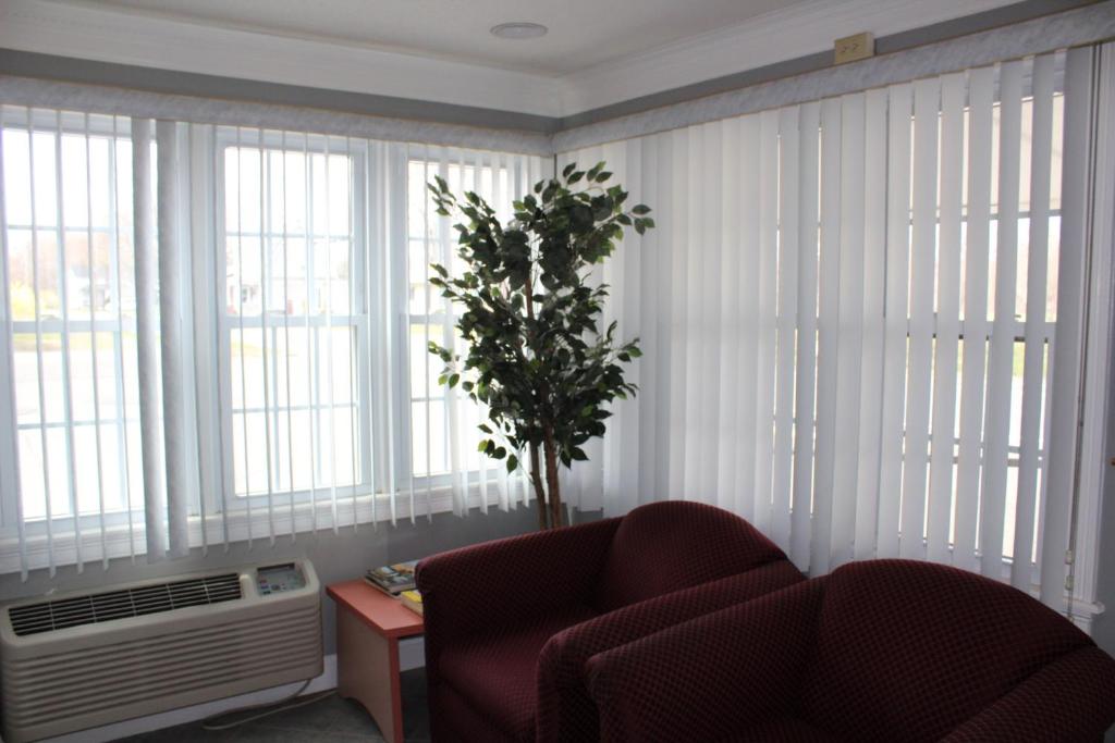 a living room with white blinds and a plant at Elm Motel in Westfield