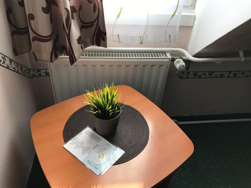a wooden table with a plant on top of it at Romantik Étterem - Panzió in Tatabánya