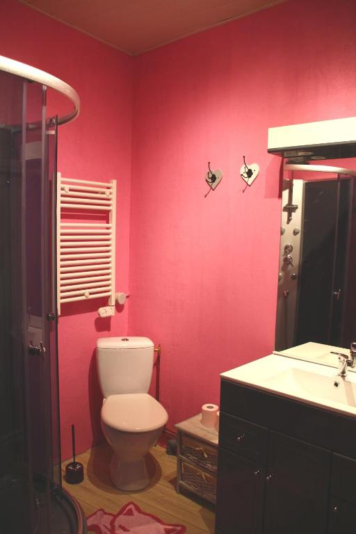a bathroom with pink walls and a toilet and a sink at La Maison des Chats in Saint-Mary-le-Plain